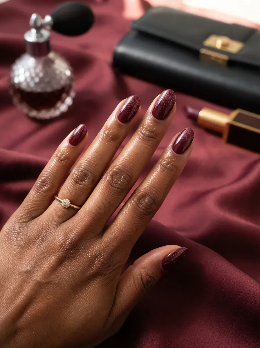 Burgundy nails with fine glitter fading toward tips on deep chestnut skin