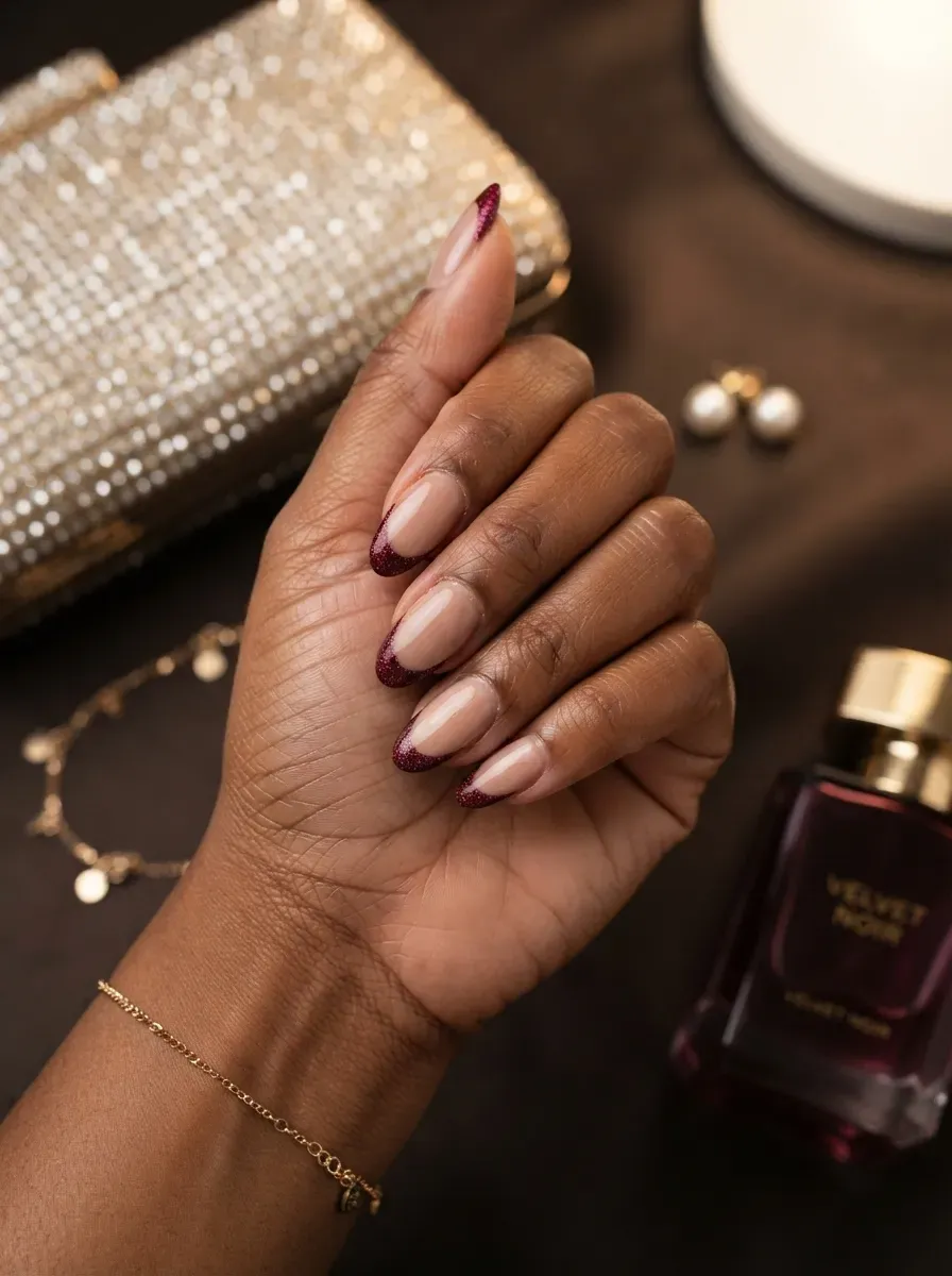 Nude almond nails with fine burgundy glitter French tips on brown skin