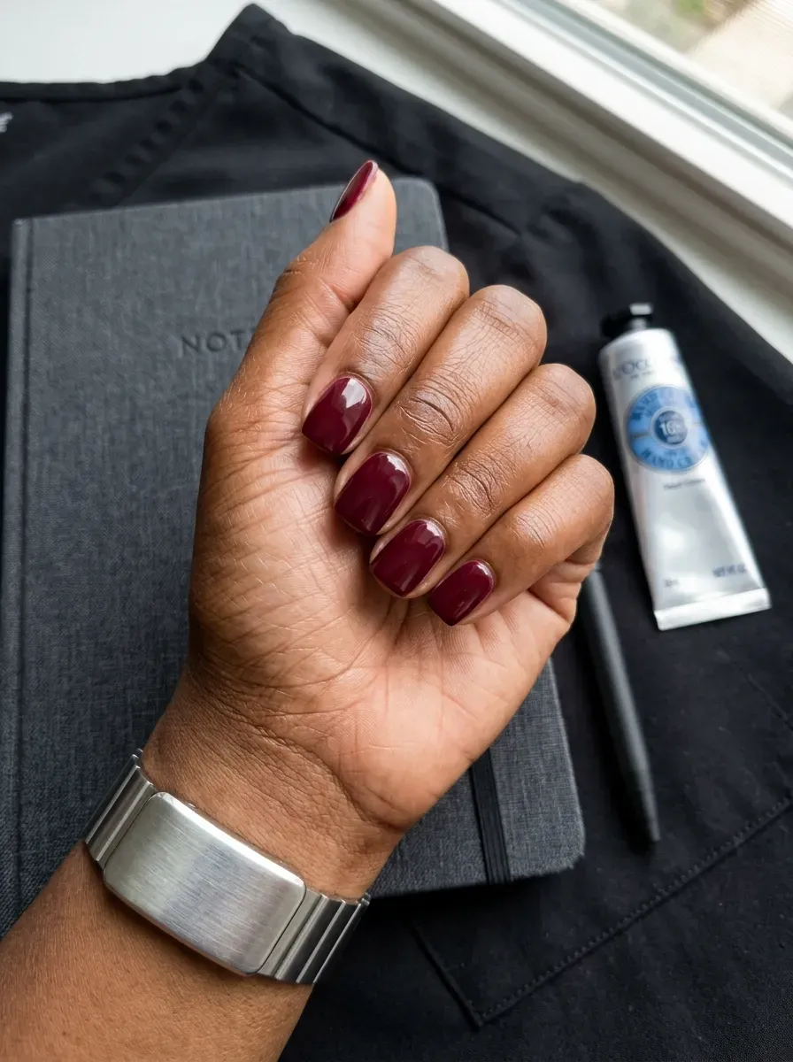 Short square nails painted glossy burgundy on deep chestnut skin