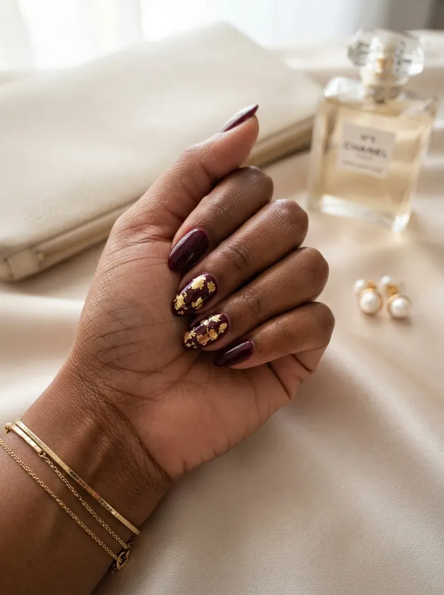 Burgundy nails with gold foil accents on brown skin with warm undertones