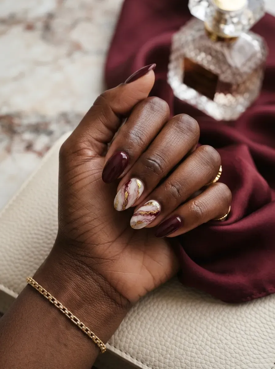 Burgundy nails with cream marble accents on deep brown skin