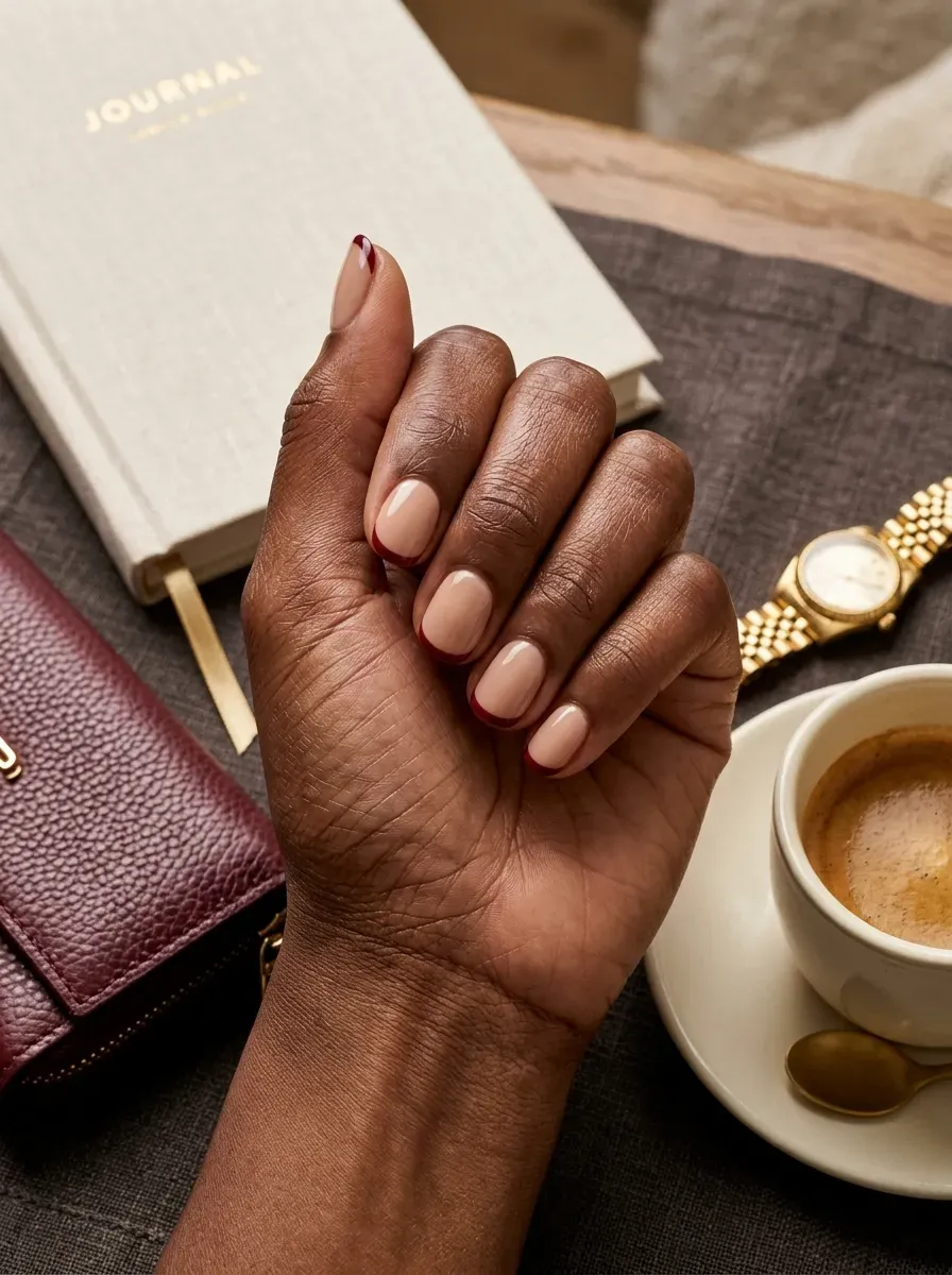 Short nude nails with thin burgundy French tips on deep brown skin