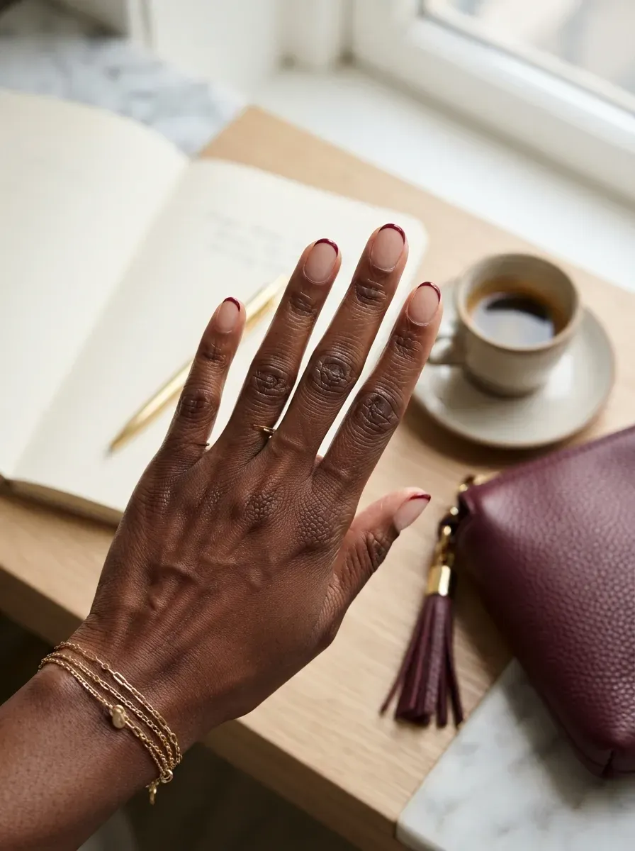 Short nude nails with thin burgundy French tips on deep brown skin