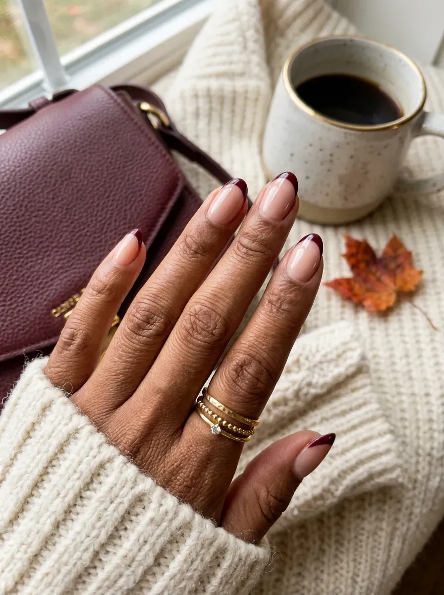 Short almond nails with thin burgundy French tips on warm brown skin