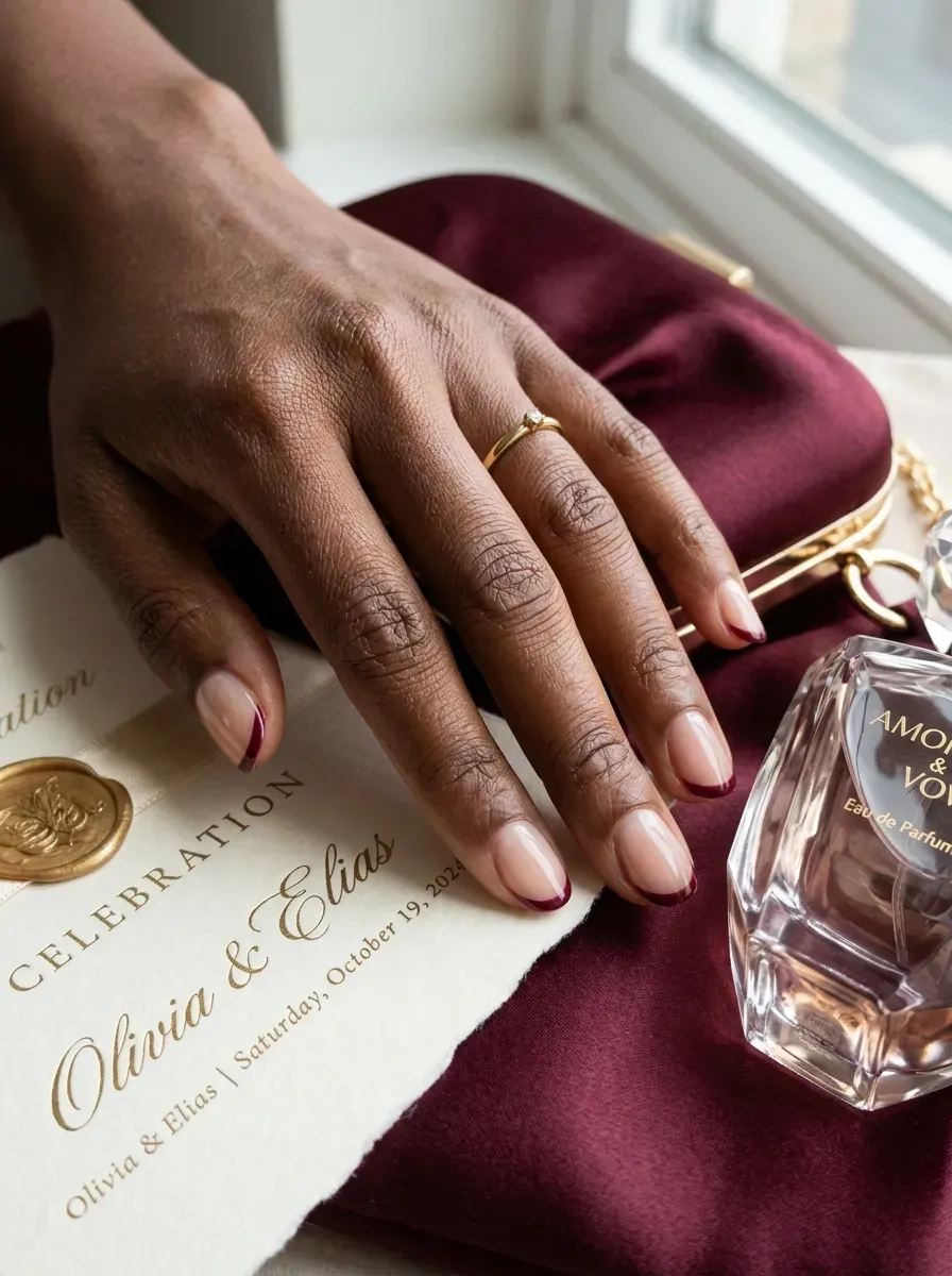 Short nude nails with thin burgundy French tips on deep brown skin
