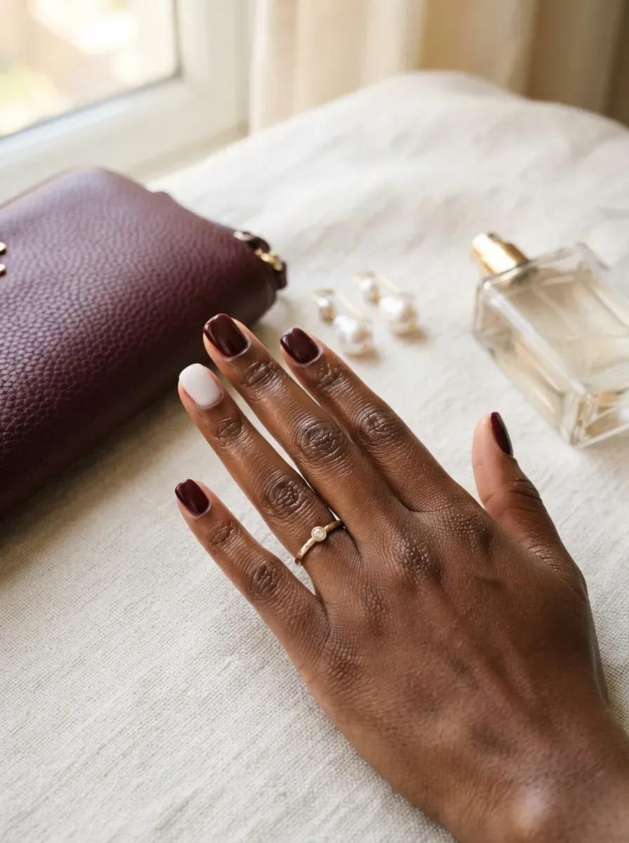 Burgundy and milky white nails on deep chestnut skin with neutral accessories