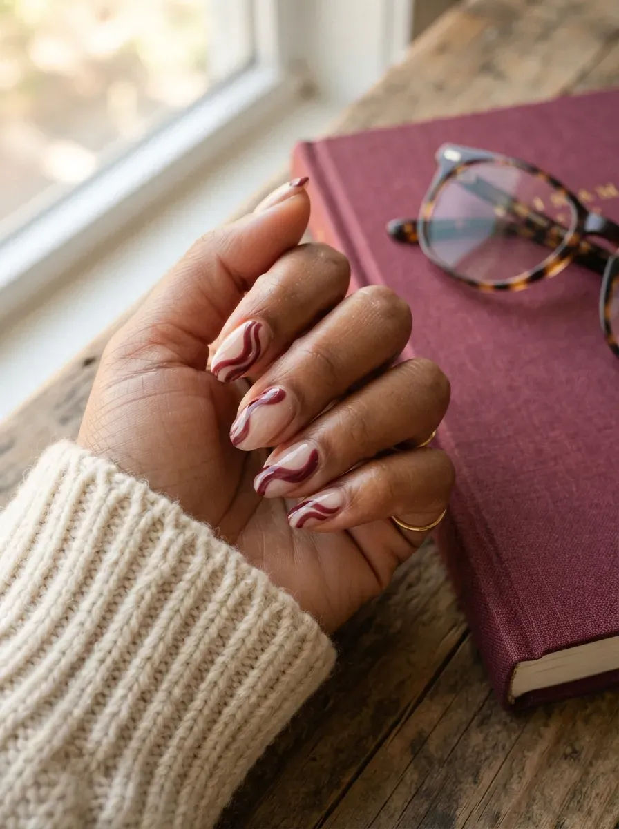 Sheer nude nails with burgundy wave details on brown skin