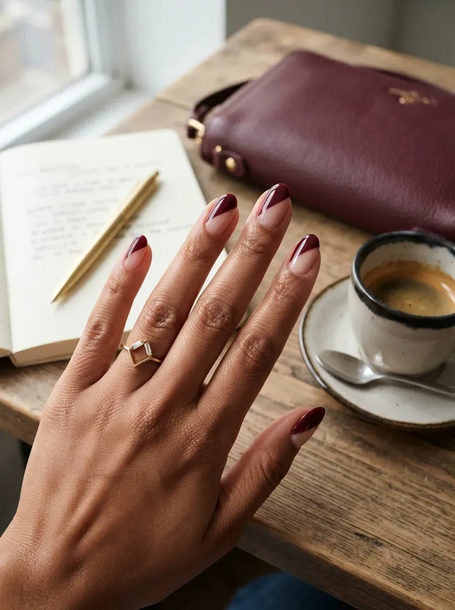 Burgundy and nude geometric color-block nails on brown skin
