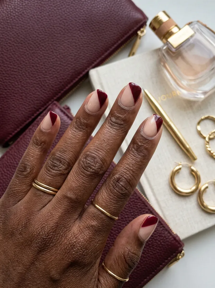 Short nude nails with diagonal burgundy side-swipe details on dark skin