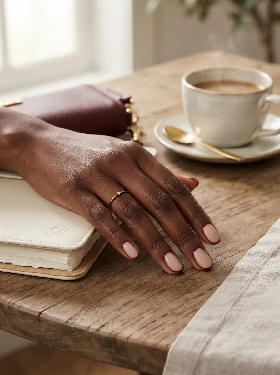 Sheer nude nails outlined in burgundy on deep chestnut skin