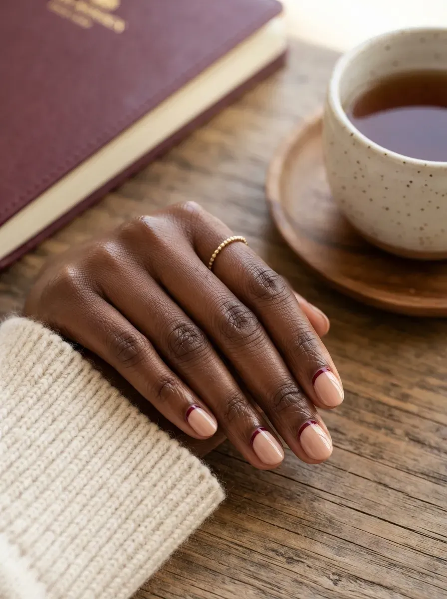 Nude nails with burgundy cuticle lines on deep brown skin