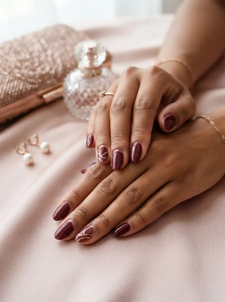 Burgundy nails with rose gold metallic accents on warm brown skin