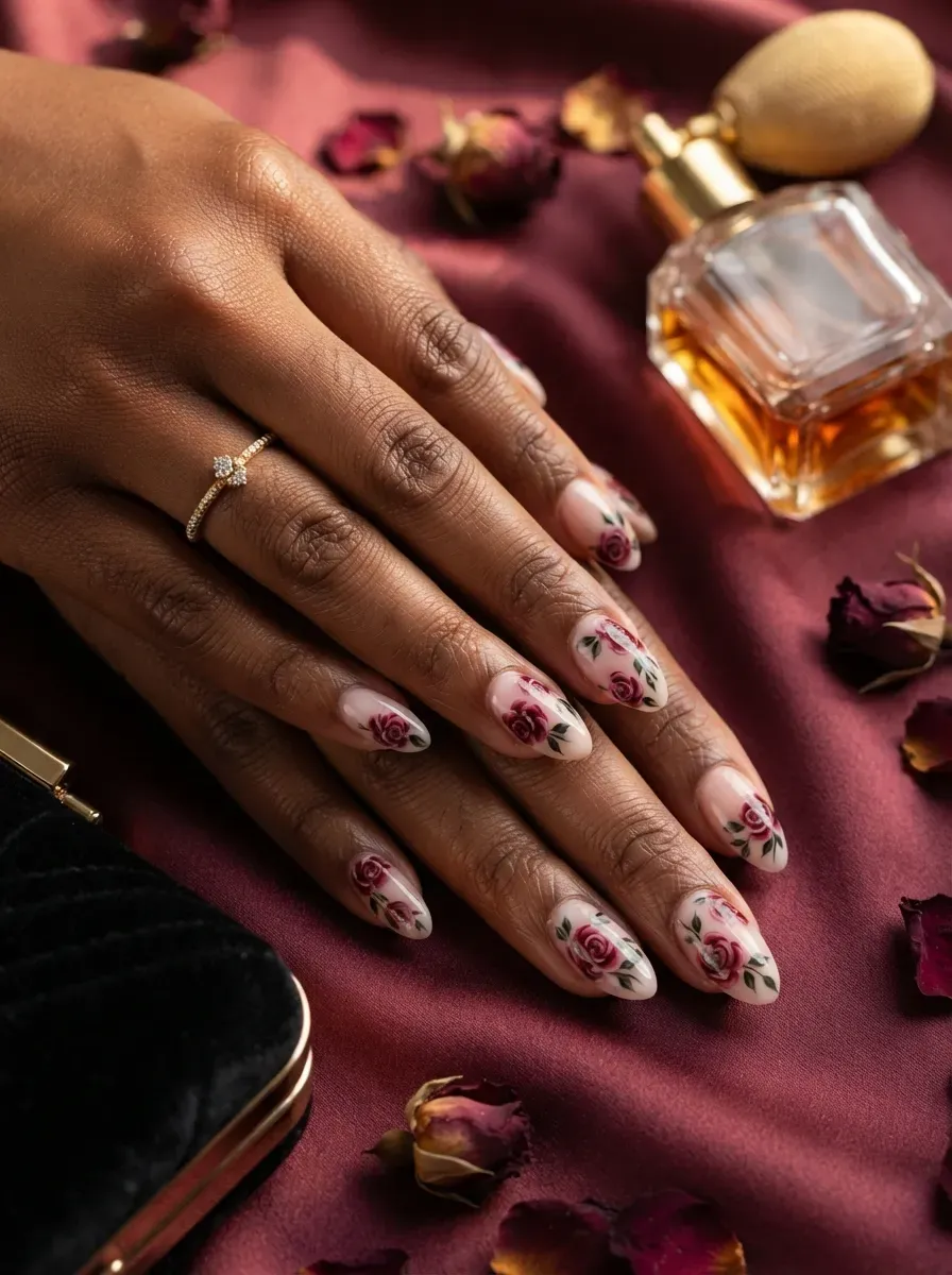 Burgundy roses painted across milky pink nails on rich brown skin