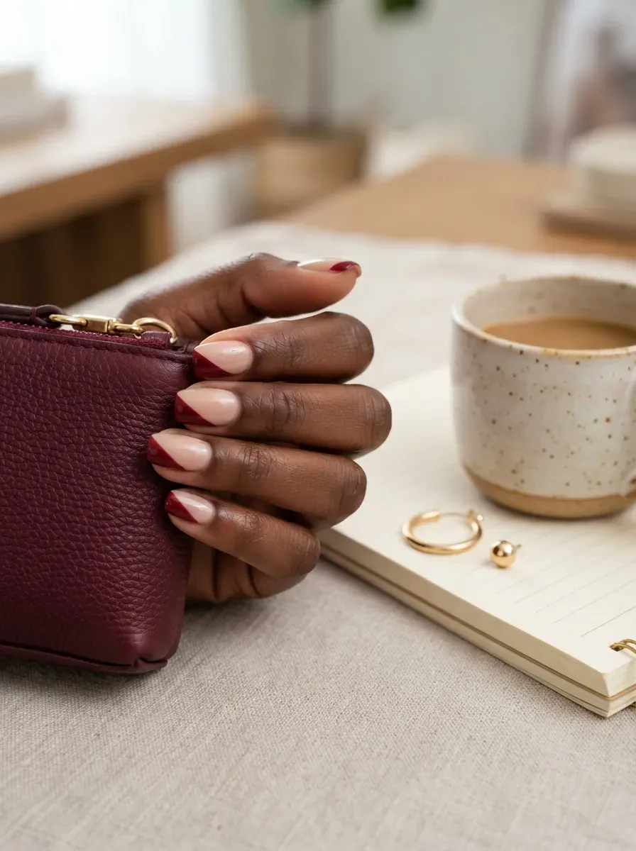 Short nude nails with diagonal burgundy side accents on deep brown skin