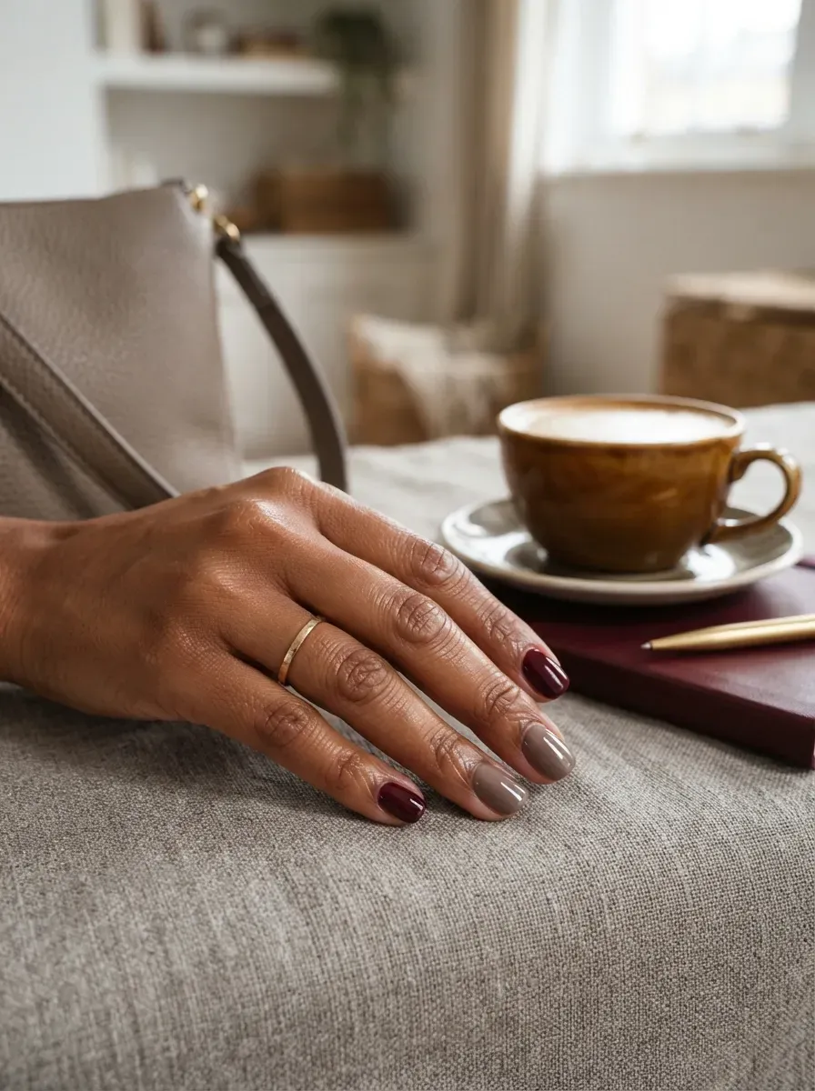 Burgundy and taupe short nails on warm brown skin with neutral styling