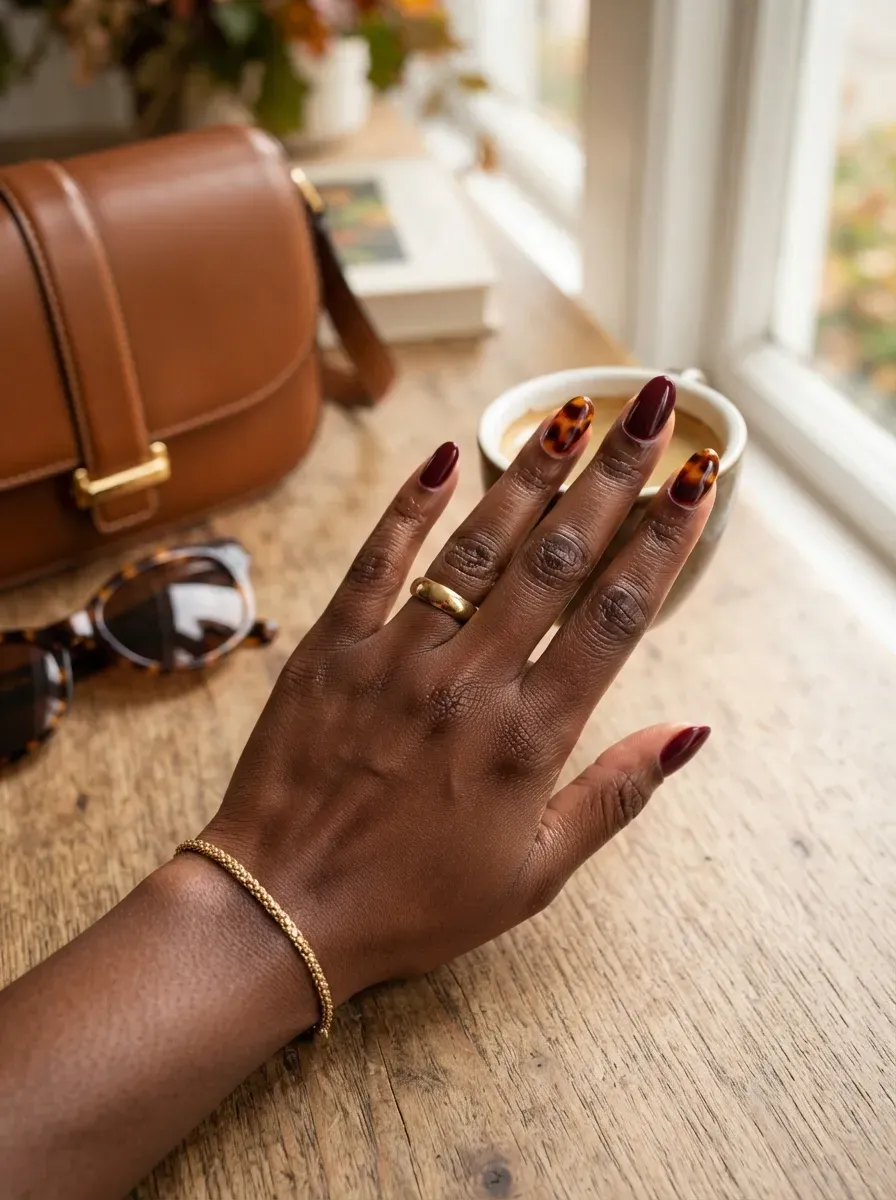 Burgundy nails with amber tortoiseshell accents on rich dark skin