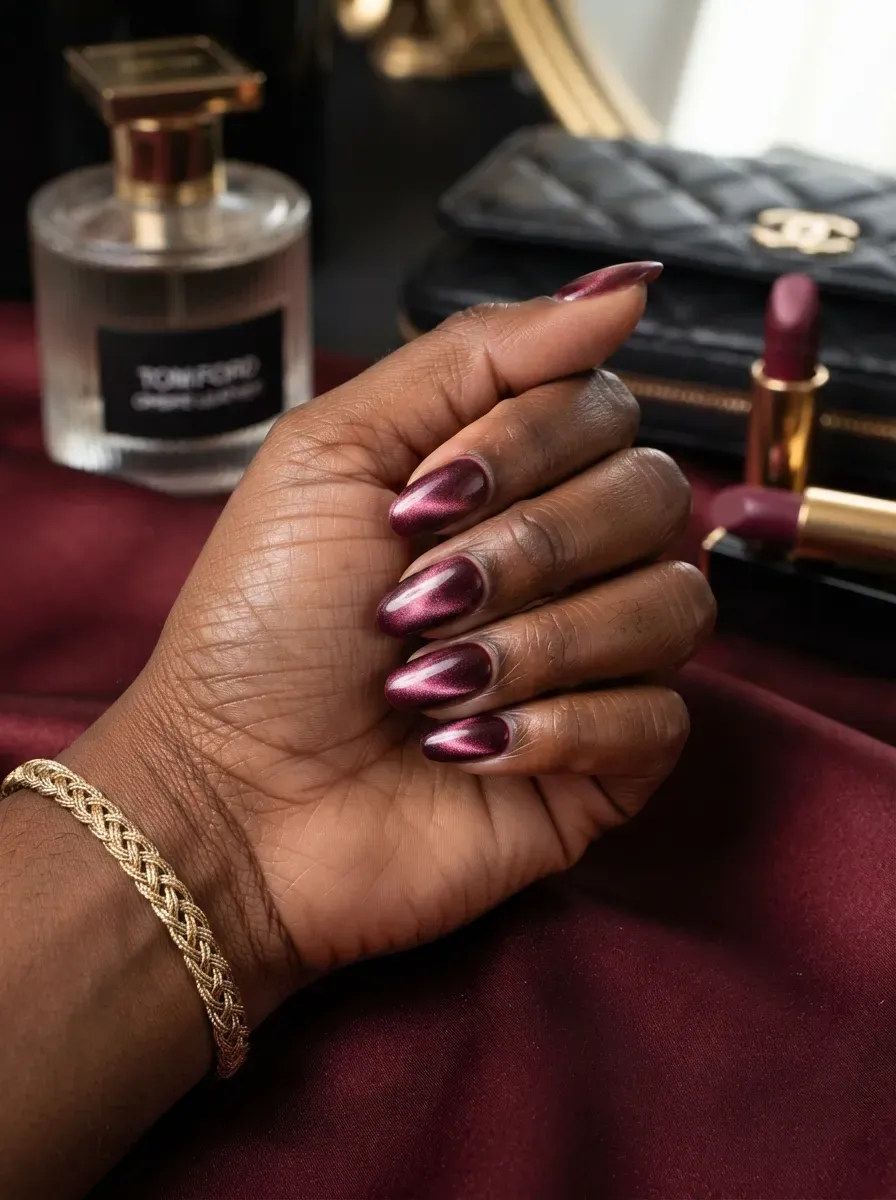 Burgundy velvet cat-eye nails glowing on deep chestnut skin