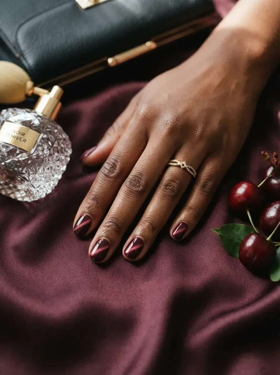 Short burgundy velvet cat-eye nails glowing against rich brown skin