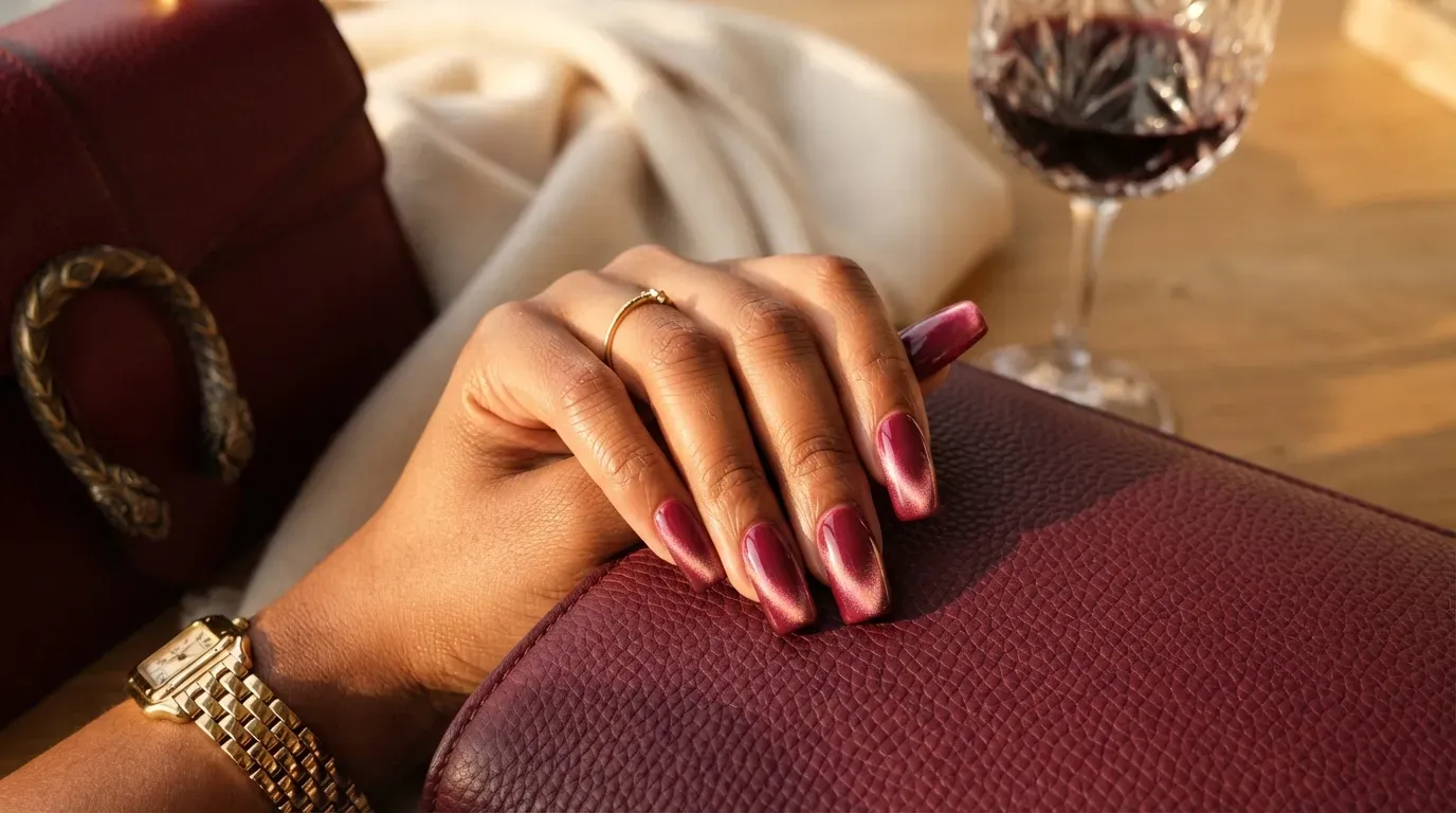 Long square nude nails with magnetic burgundy velvet French tips
