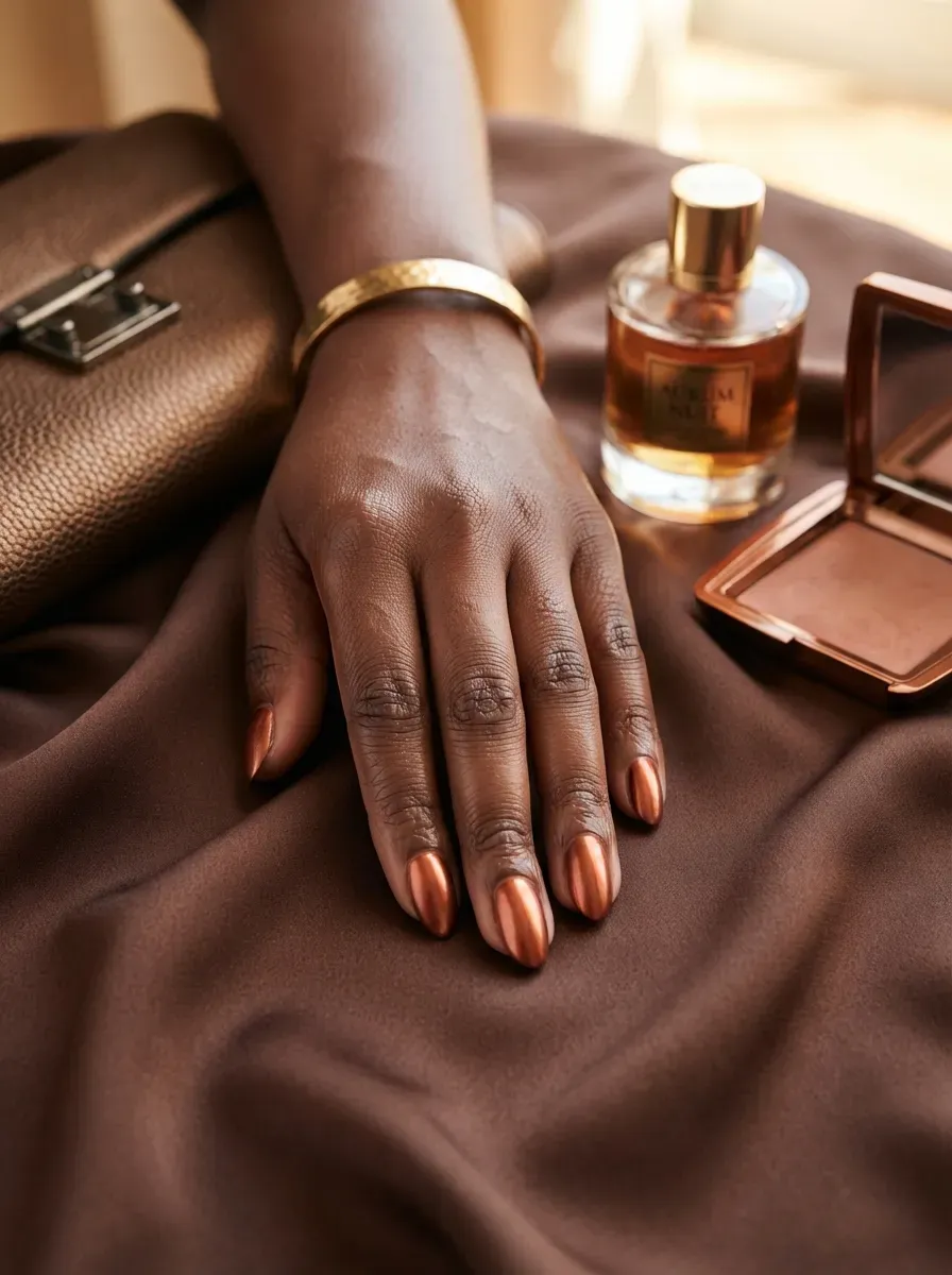 Burnt copper metallic nails on rich dark skin with bronze accessories