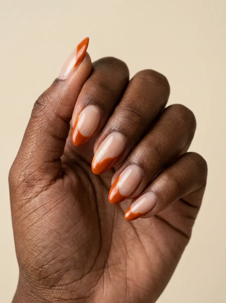 Burnt orange abstract French tips with uneven curved edges on almond nails