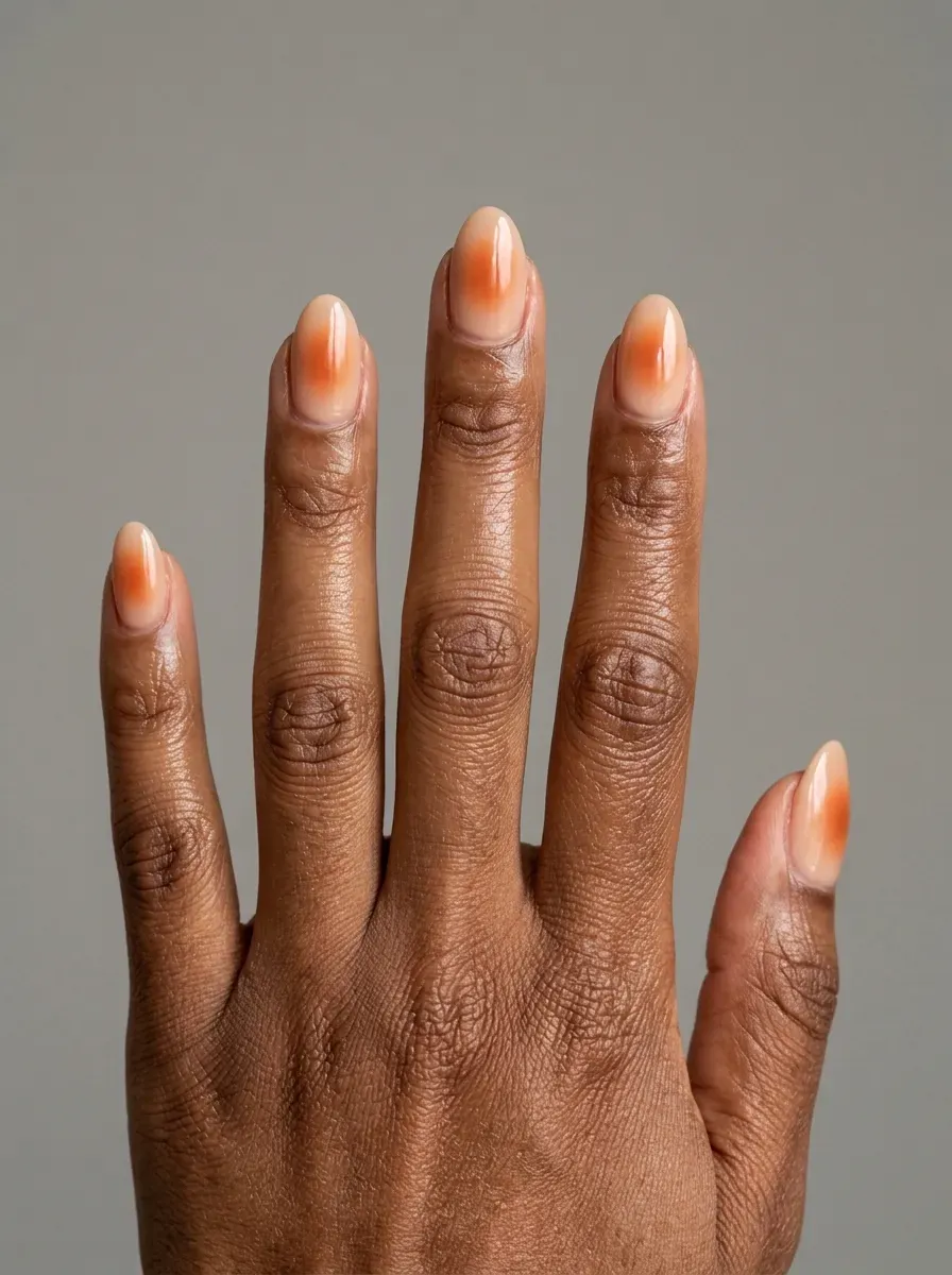 Burnt orange aura centers blended softly across short almond nails