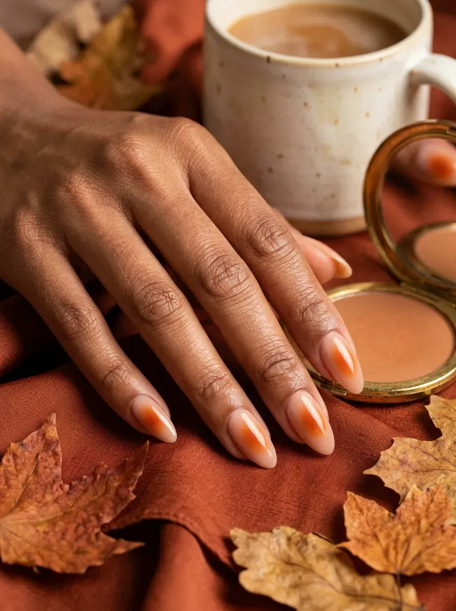 Burnt orange aura centers over nude nails on brown skin with warm undertones