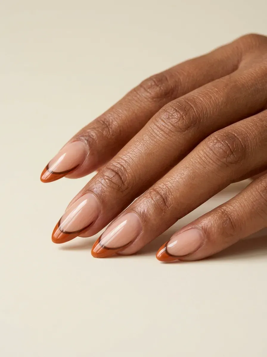 Burnt orange French tips outlined in chocolate brown on almond nails