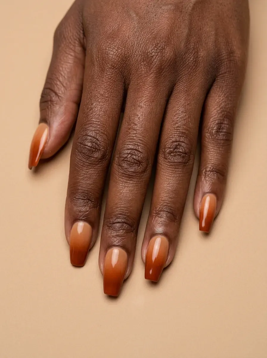 Burnt orange fading into caramel across glossy medium coffin nails