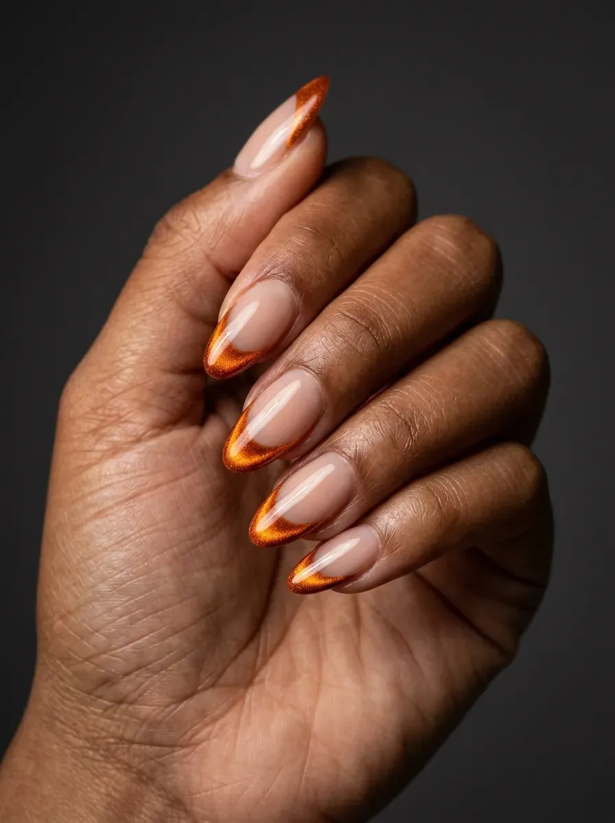 Burnt orange magnetic cat-eye French tips over glossy nude almond nails