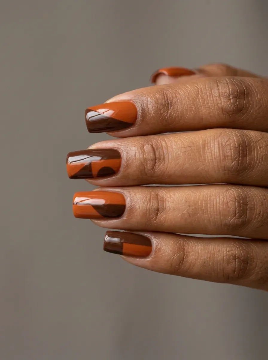 Burnt orange and chocolate brown geometric color block nails