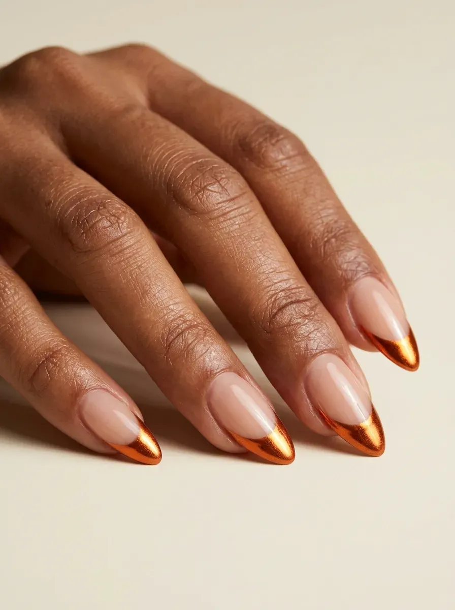 Metallic burnt orange chrome French tips over glossy nude almond nails
