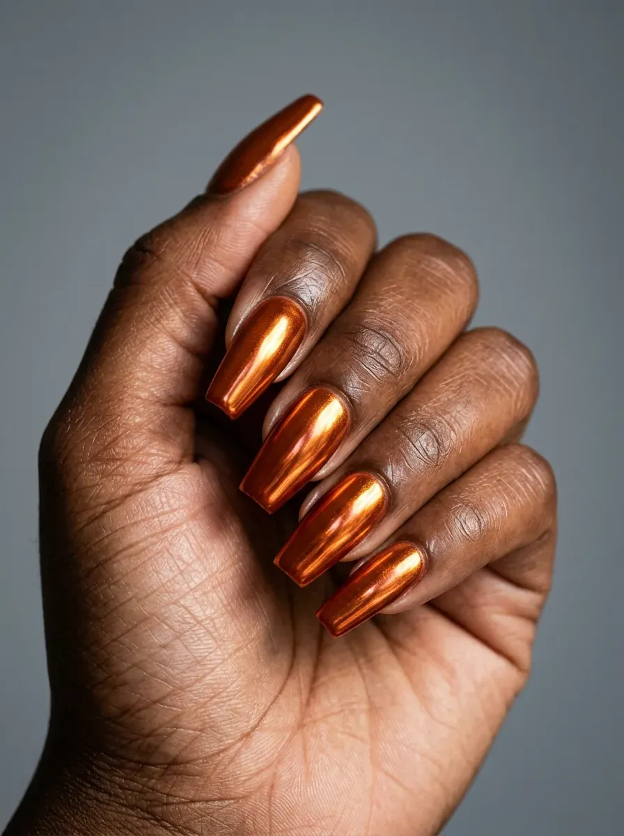 Burnt orange chrome nails reflecting warm metallic highlights on dark skin