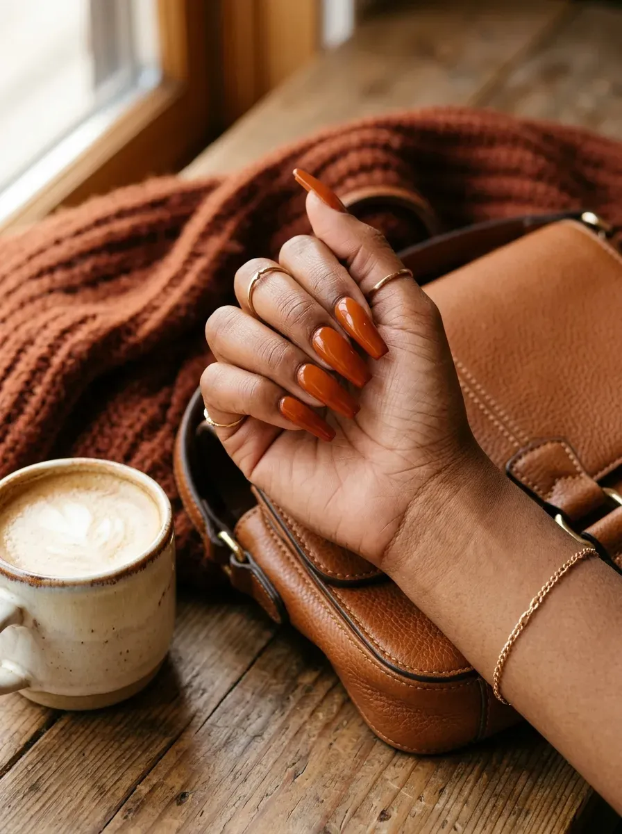 Long coffin nails painted burnt orange on warm brown skin