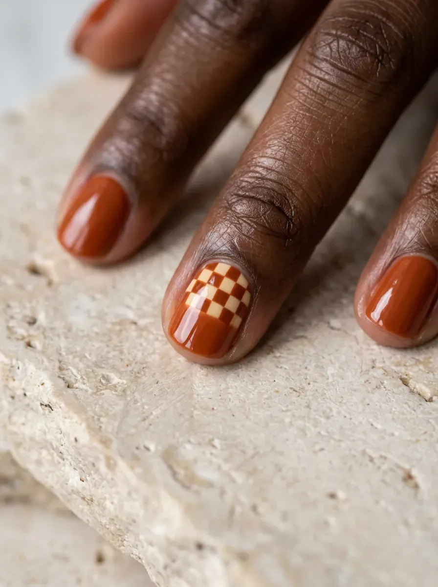 Checkerboard pattern nail art in burnt orange and cream tones