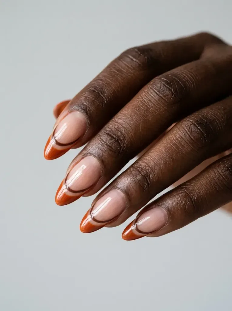 Burnt orange nails with delicate cream floral line art on selected fingers