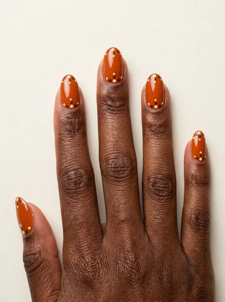 Burnt orange nails with tiny cream and brown dot accents on oval nails