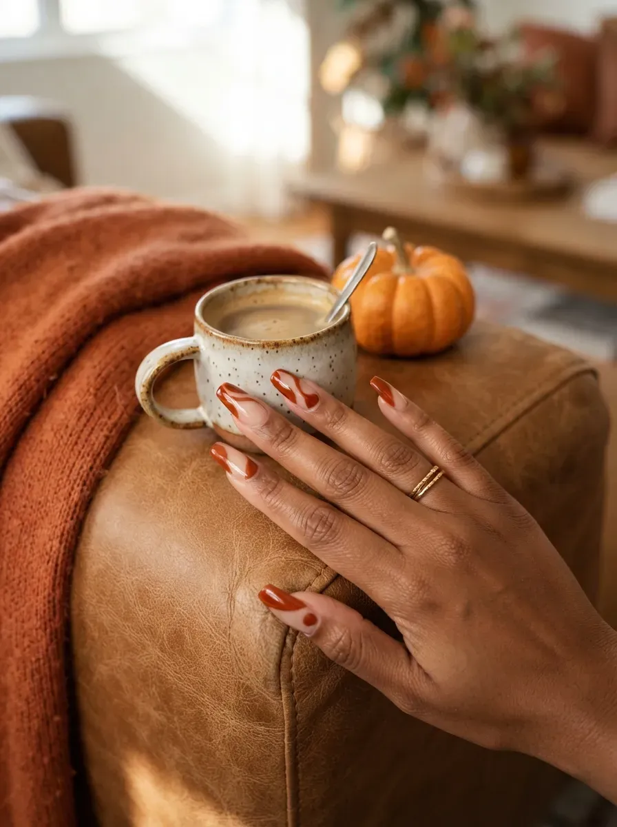Burnt orange deep French tips on coffin nails with warm brown skin