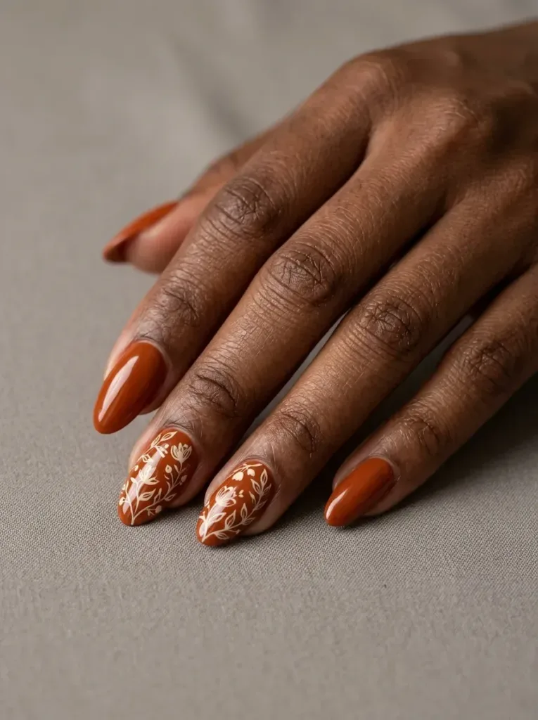 Burnt orange double French tips with thin brown and orange curved lines