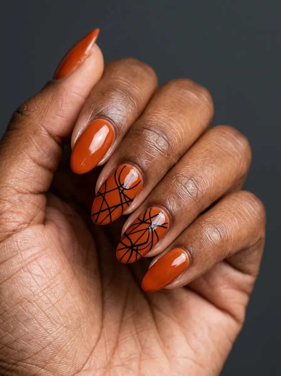Burnt orange nails decorated with delicate black abstract line art