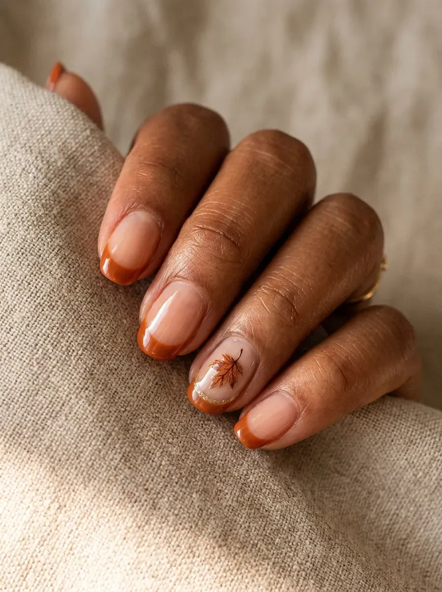 Burnt orange French tips with a small hand-painted leaf detail