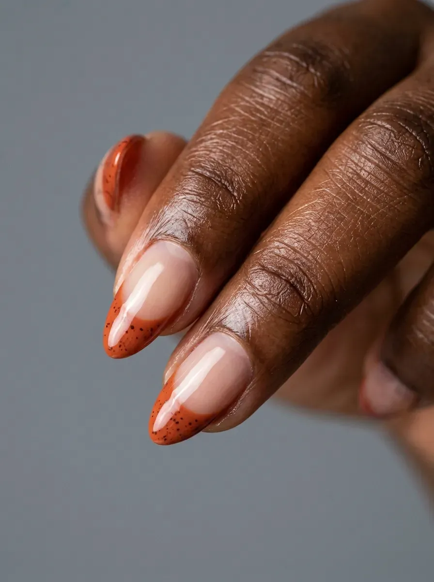 Burnt orange French tips with fine brown speckle detail