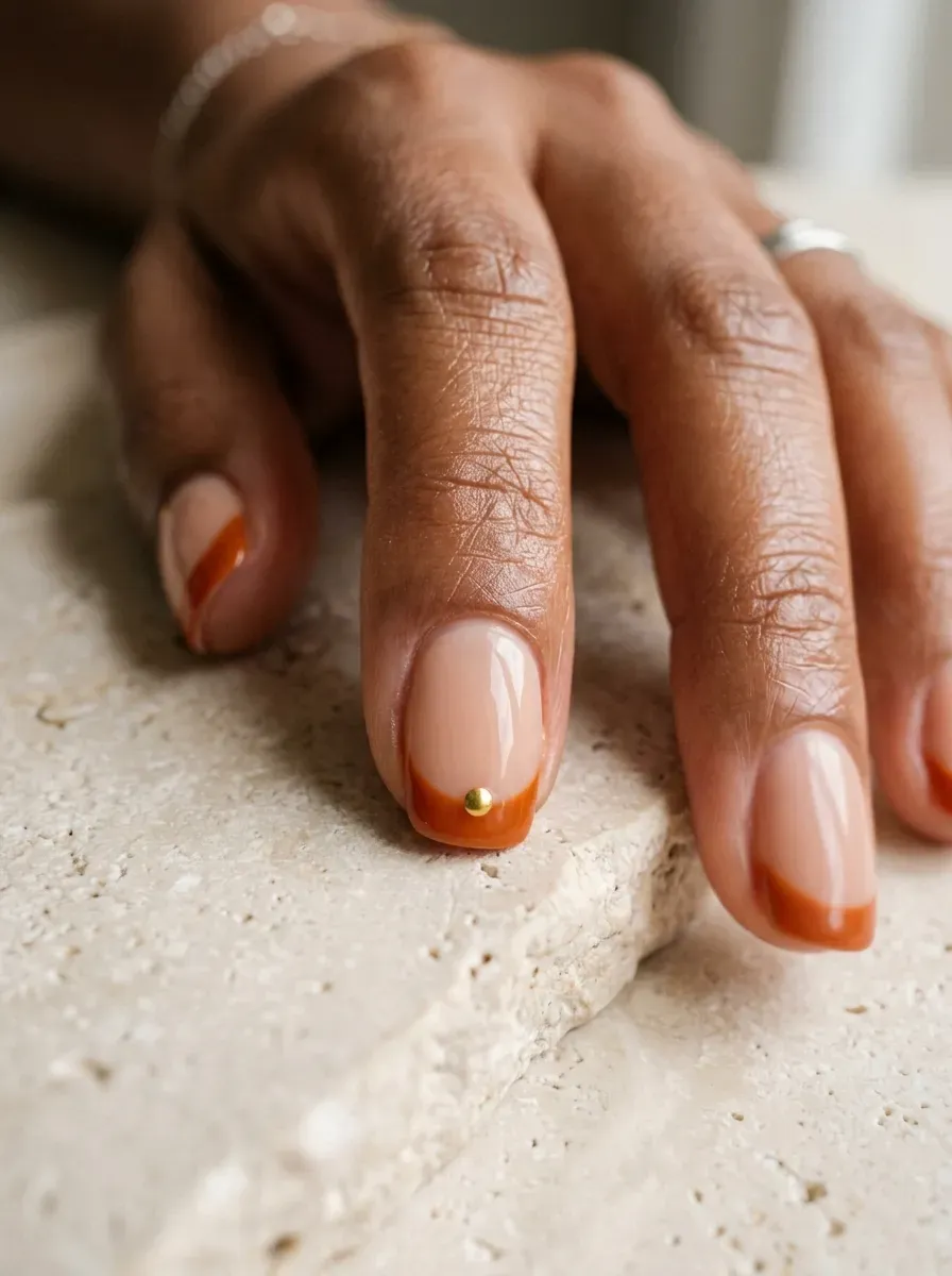 Burnt orange French tips with a small gold dot detail