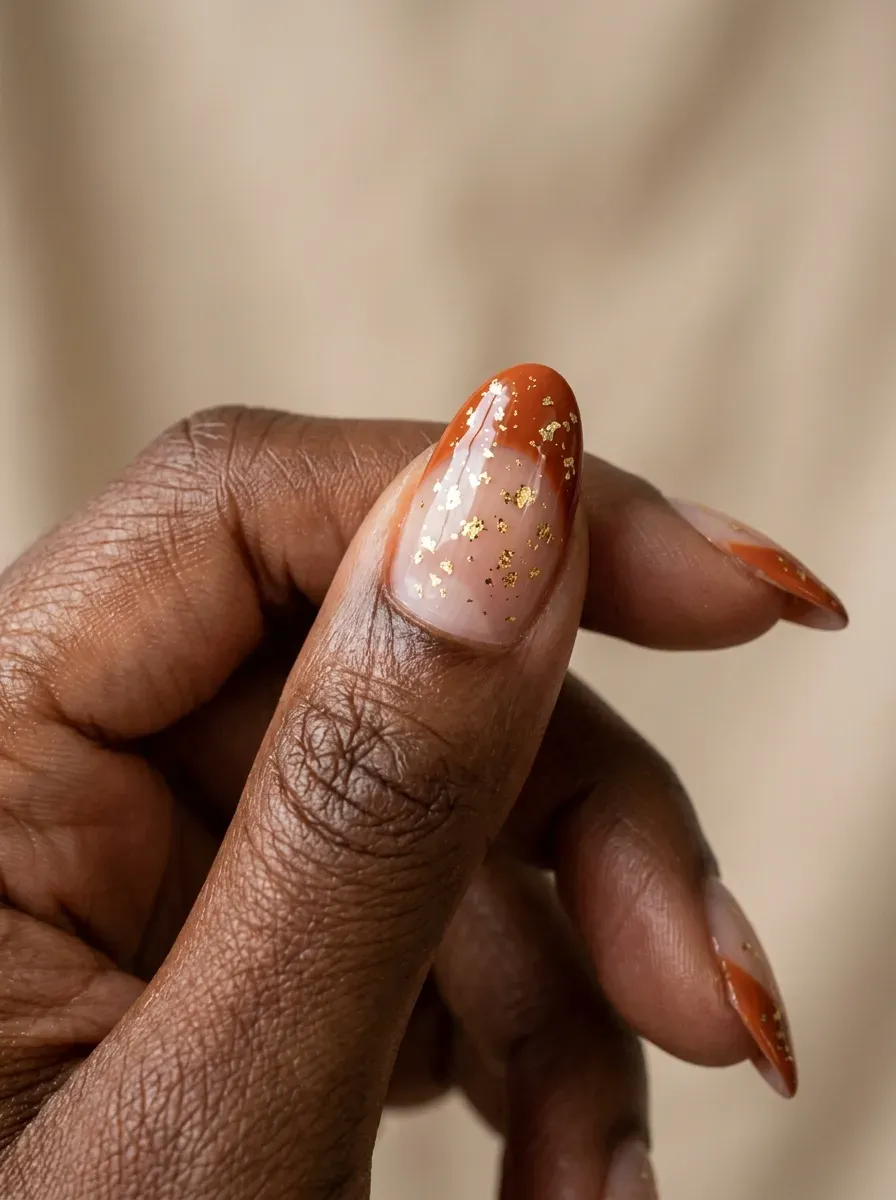 Burnt orange French tips with scattered gold foil fleck detail