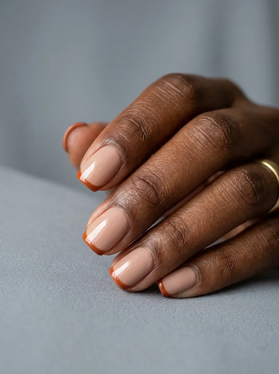 Understated burnt orange French tips over a professional nude base