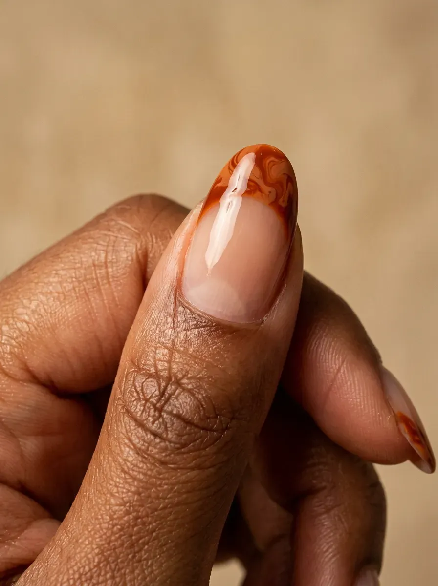 Marbled texture burnt orange French tip nail design