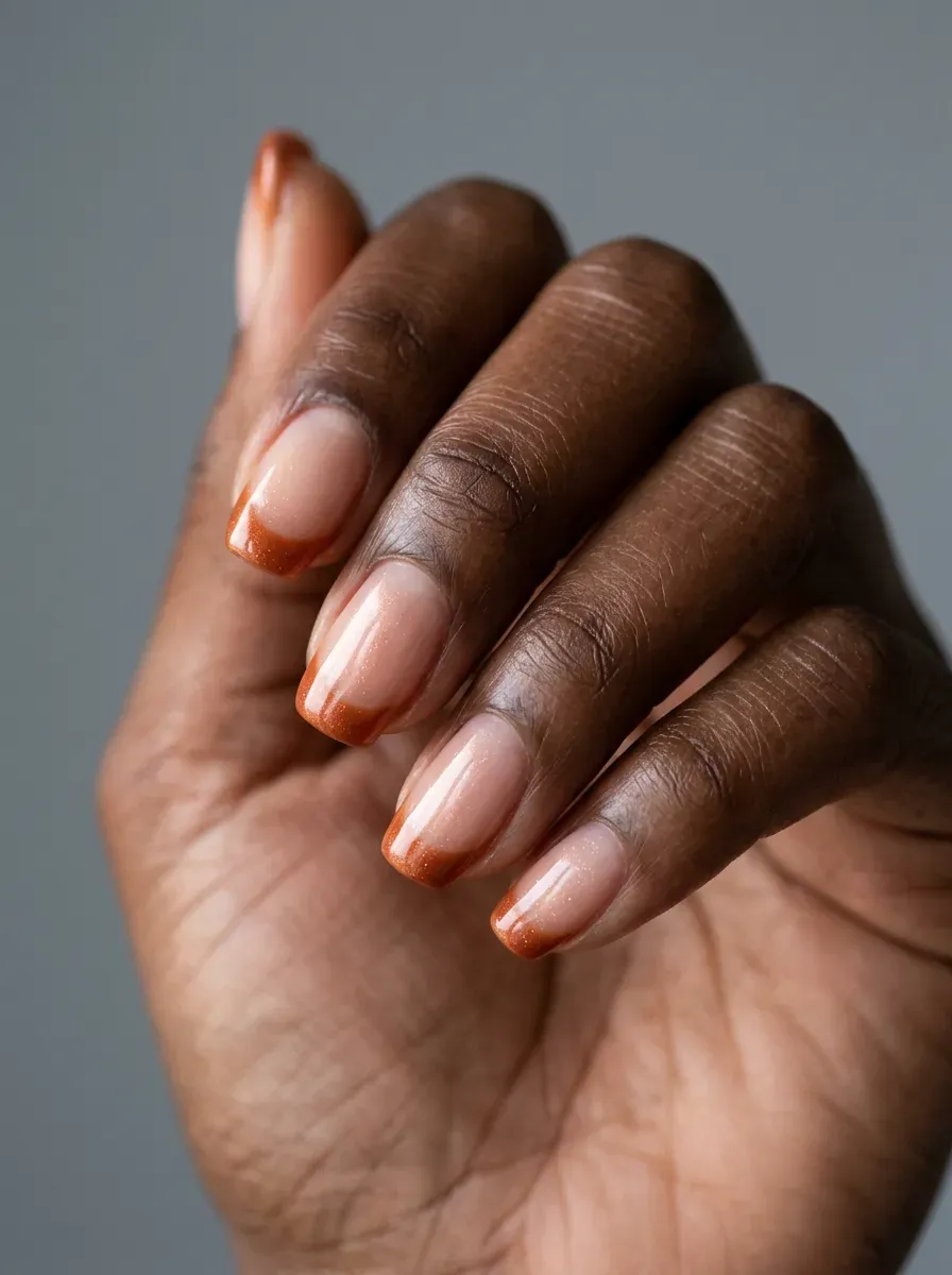 Burnt orange French tips with fine, subtle shimmer finish