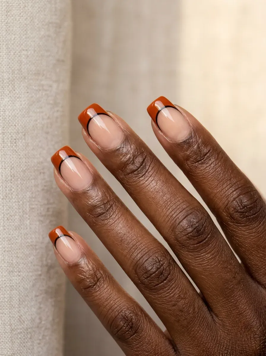 Burnt orange French tip outlined with a fine black line