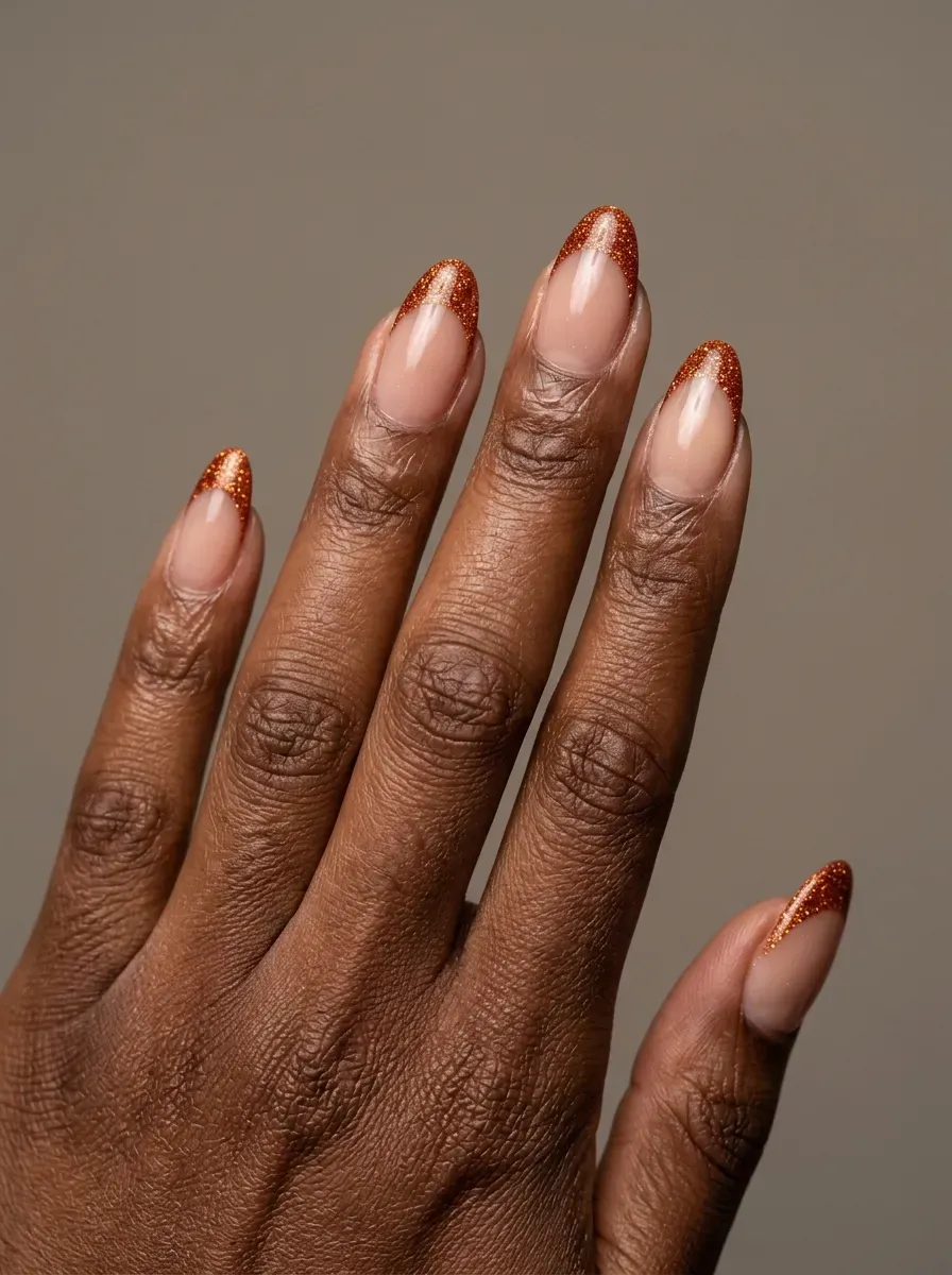 Burnt orange glitter French tips over glossy nude almond-shaped nails