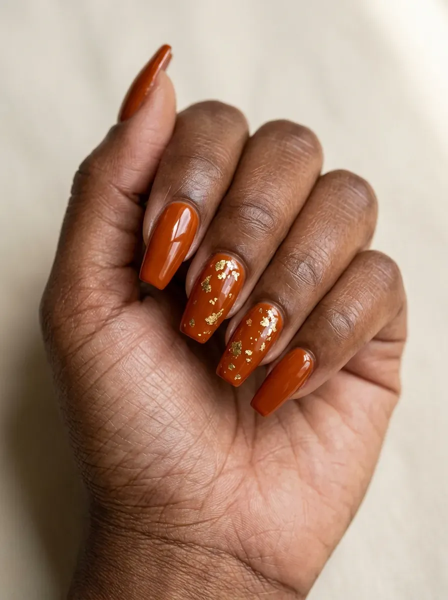 Glossy burnt orange nails with delicate irregular gold foil accents